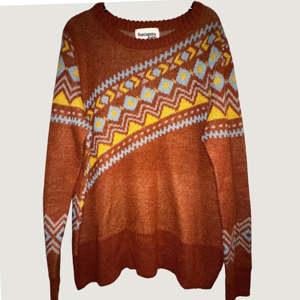 Savanna Jane Rust Orange Geometric Fair Isle Knit Pullover Sweater Large